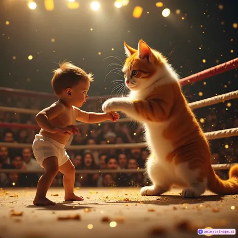 A dynamic scene in a luxurious WBC-style boxing ring, reminiscent of those in the United Arab Emirates. The baby and a large, realistic cat with orange and white pearlescent fur are actively boxing against each other. The cat, standing on its hind legs, throws playful yet dramatic punches, while the baby counters with determined moves. The crowd in the background is cheering energetically, with realistic faces full of excitement and enthusiasm. The arena is illuminated by grand, golden lights, and the ropes of the ring gently sway with the motion. In the air, golden dust sparkles and glows, adding a magical and vibrant atmosphere to the intense action.
