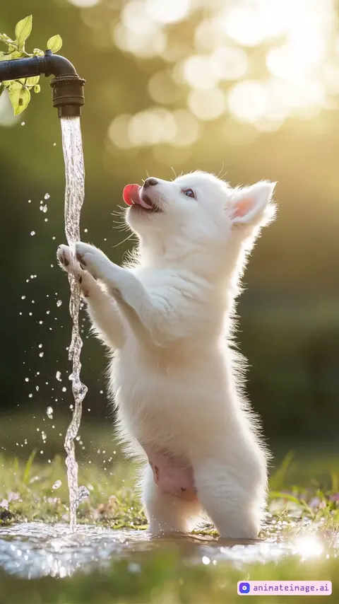 the puppy stands on its hind legs, reaching up and drinking from the faucet. The camera captures the puppy’s curious expression and the stream of water as it splashes onto the ground. In the background, the natural setting with grass and a few flowers remains calm. The sunlight reflects off the water and shines on the puppy, capturing the unprocessed, everyday feel of a quick phone video.