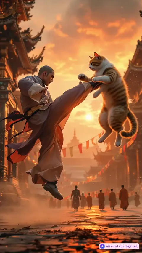 A high-energy action scene set in a traditional temple courtyard at sunset. The camera follows a fast-paced, dynamic fight between a Kung Fu master and a large, agile cat. The master delivers a spinning high kick, countered by the cat's aerial backflip and a powerful paw strike. Dust rises from the stone floor with every move, while the vibrant sunset casts long shadows and a golden glow over the combatants. The camera alternates between close-ups of intense expressions and wide shots of the fight choreography. The atmosphere is dramatic, intense, and playful with seamless, fluid movement.