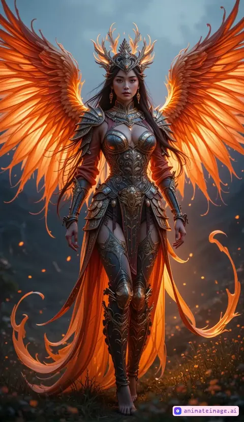 Create a realistic video of a hybrid creature that combines the mythical Phoenix and a Asian woman in ancient Japanese warrior armor. The video begins in a serene twilight meadow filled with softly glowing embers. The hybrid walks forward with purposeful grace, her intricately engraved armor gleaming faintly with fiery highlights. Her long, flowing hair, streaked with fiery hues, sways with her movement. As she advances, her majestic Phoenix wings slowly unfold, their golden and red flames blazing brightly. She flaps her wings powerfully, scattering embers and sparks into the air, illuminating the surroundings. With each step, fiery energy flows through her body, and she extends her hand forward, summoning spirals of flame that dance and swirl around her fingers before shooting outward, igniting the air in mesmerizing patterns. The camera follows her closely, capturing the intensity of her glowing eyes, the radiant details of her wings, and the motion of her fiery aura. The video ends with her taking a powerful leap into the sky, leaving a trail of glowing embers as the meadow fades into the vibrant colors of the dusk.