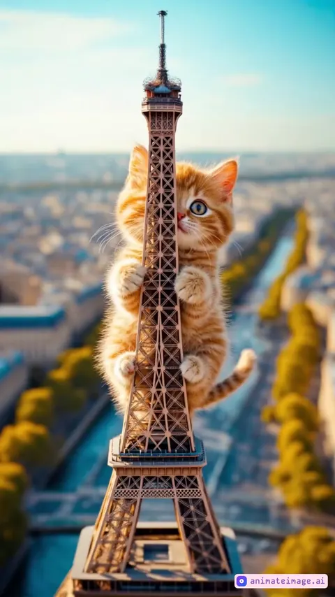 A kitten climbs to the very tip of the Eiffel Tower and meows