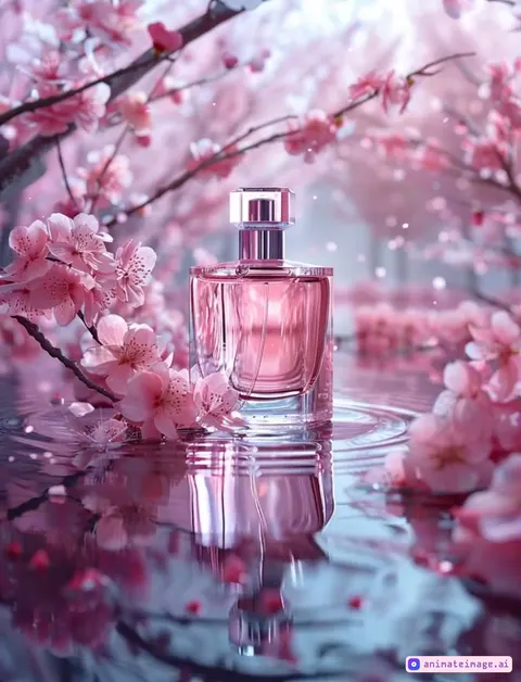 the flowers are falling on perfume while camera slowly rolls right