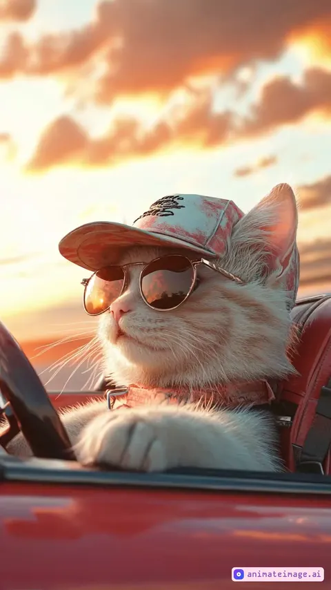 A cat is driving a car, captured in a side view. The car is moving slowly on the road, and the cat is gripping the steering wheel with a serious expression. The background features a townscape and trees, with soft sunlight filtering through. The camera smoothly tracks the car from the side as it moves.