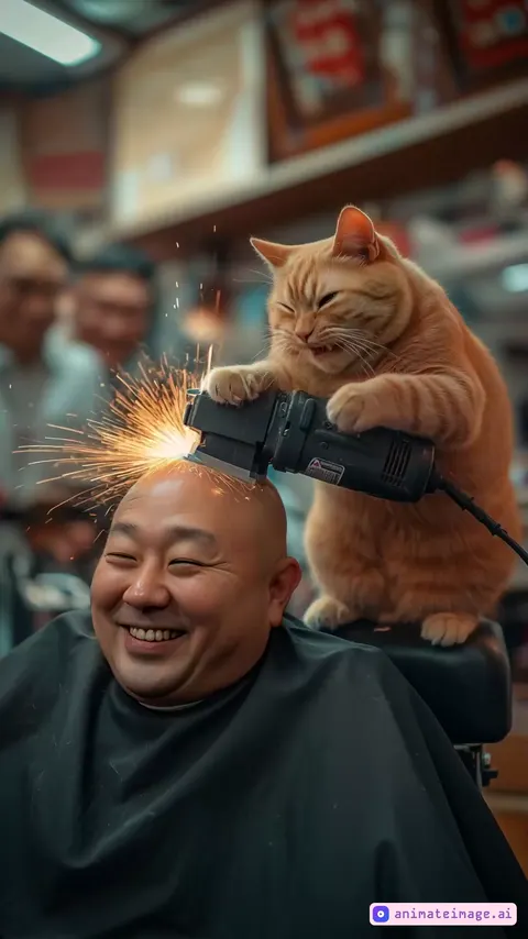 smooth motion. Make the cat's paws subtly move as if it’s adjusting its grip on the grinder. Add small head tilts and blinking for realism. The sparks from the grinder should flicker and fly dynamically. The man's face should show slight movement, like natural breathing or subtle head tilts, but keep his joyful expression. Ensure smooth looped animation for a seamless effect