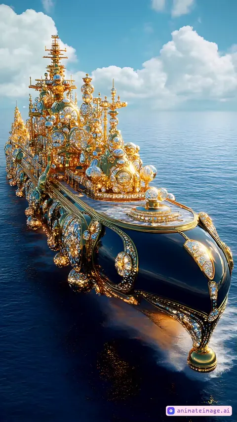 the camera rotates around the subject,The ship sails calmly on the waves and shines in the lights, while the waves on the sea are turbulent.