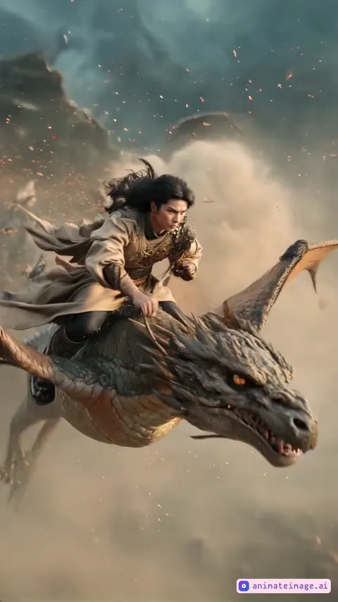 A fierce warrior with flowing dark hair, clad in intricate beige and black robes, crouches atop a majestic dragon, gripping the reins. The dragon's scales shimmer in the golden light, its eyes glowing with ancient wisdom. The air is thick with swirling sand and embers as they soar through a stormy battlefield, wind whipping around them. The warrior’s expression is resolute, eyes locked onto an unseen enemy. Slow-motion close-ups capture the strands of hair flying, the dragon's powerful movements, and the cinematic dust clouds rising beneath them. Ultra-detailed textures, dramatic lighting, and high-speed action choreography make the scene feel alive.