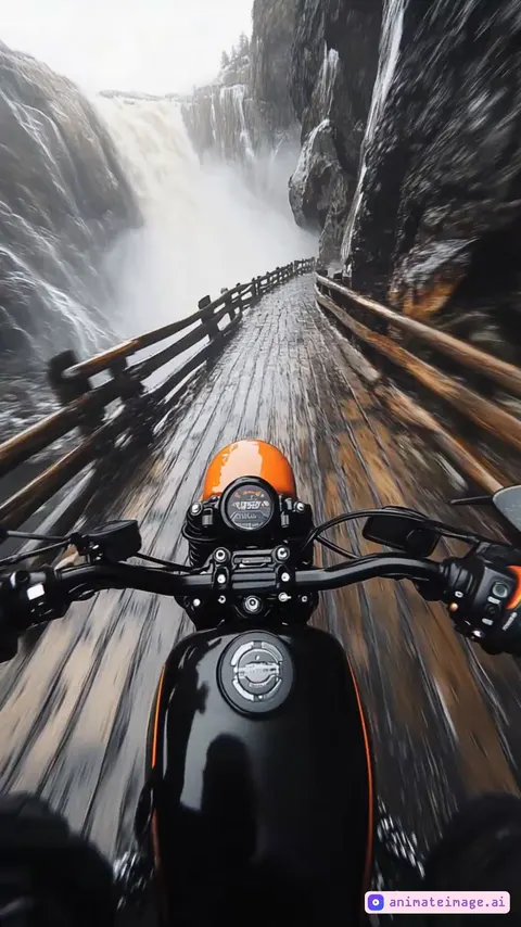 POV helmet camera shot of a Harley-Davidson Iron 883 rider descending a fractured walkway carved into a sheer cliff, with a roaring waterfall pounding the rocks below.