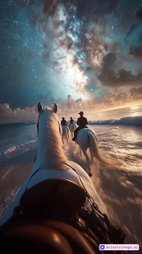 A POV shot of an epic horseback riding video, with a night sky filled with stars and the Milky Way, set on the beaches of the Maldives. The point of view is from the rider's perspective, looking at her white, majestic horses running along the sandy beaches, with the turquoise water in the background.