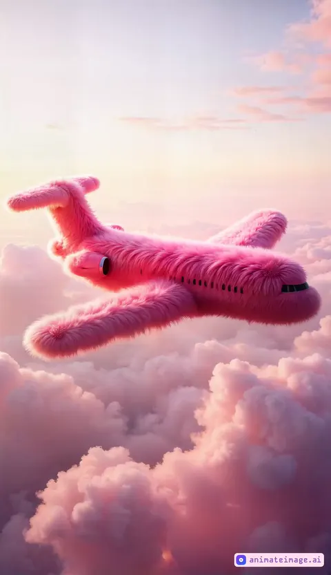 Pink feathered aeroplane hovering in the air, feathers moving with the wind. Ultra photo-realistic resolution. the camera follows the subject moving
