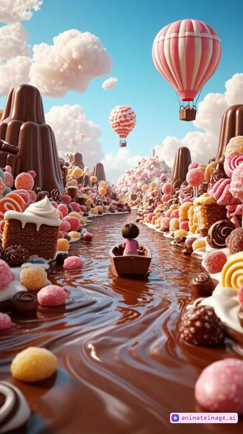 As the camera follows the child, some candies on the corners roll and fall into the river.