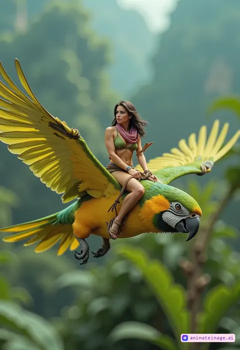 tracking shot of A miniature human in jungle attire turns to look forward, sits calmly on the back of a Parrot, gripping woven reins made from fine grass strands. The bird soars through the air with speed, its feathers ruffling in the wind, with its wings outstretched, while the rider’s scarf and hair flutters behind them. The close-up captures the bond between the tiny figure and their avian companion, the background blurred with soft greens and sky blues,