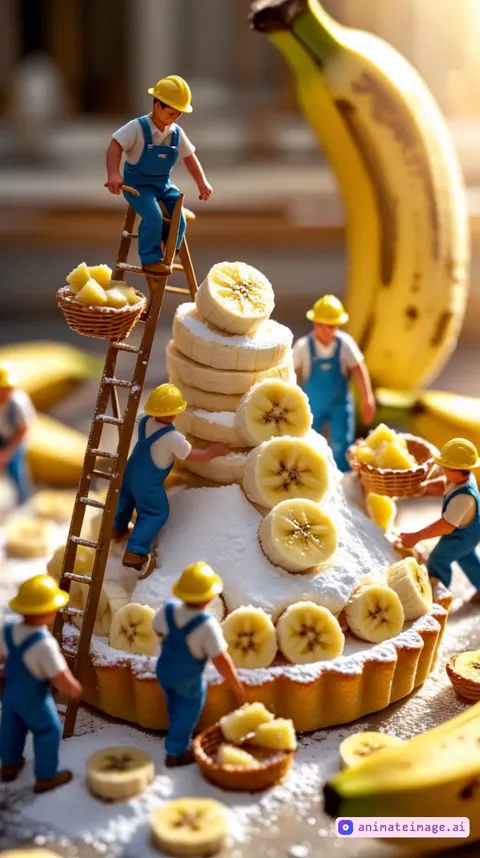 "A whimsical miniature world where tiny workers in yellow helmets and overalls are busily constructing a delicious banana tart. The scene unfolds like a bustling construction site—one worker climbs a ladder to place a fresh banana slice on top of a powdered sugar mountain, while others carry baskets filled with zesty banana chunks. Some workers shovel powdered sugar as if it were snow, while others carefully arrange banana pieces around the tart. The golden sunlight streams in, casting a warm glow over the scene, enhancing the rich textures of the pastry crust and the glossy banana in the background.the camera rotates around the subject