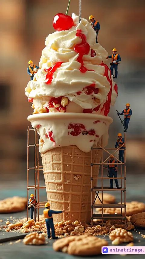The tiny workers move with precision, each one focused on their task. One carefully secures the top decoration, signaling to a teammate below who nods in response. Another adjusts a flowing stream of syrup, ensuring it spreads evenly while stepping aside to observe the result. A worker on a scaffold tightens a support, while another nearby gives a quick thumbs-up before continuing. Below, a worker directs the operation, waving their hand in coordination as others follow their lead. Some carefully climb ladders, adjusting their footing with each step, while others use tiny tools to refine their work. Every movement is smooth and synchronized, creating a seamless rhythm of teamwork and precision