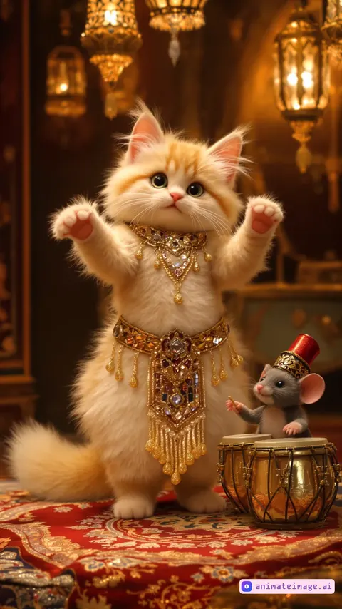 [Static shot]A very fluffy and cute anthropomorphic kitten stands upright, with soft, round features and adorable, small paws. The kitten wears a dazzling sequined tassels necklace instead of a bra, and a gold hip scarf waist wrap with sequined tassels, sparkling as it gracefully performs a belly dance. Its fluffy tail sways rhythmically with the movements. Beside the kitten, a small anthropomorphized mouse wears a traditional Arabic fez hat and a finely embroidered robe. The mouse enthusiastically plays a set of small drums with the hands, adding to the lively atmosphere. The scene is set inside a luxurious, warmly lit room with richly patterned Persian rugs, intricate wall decorations, and ornate hanging lanterns casting a soft glow over the performers. The kitten’s and mouse's expressions, clothing, and the textures of the scene are finely rendered, creating a magical and immersive Middle Eastern-inspired setting. The kitten’s movements are fluid and graceful, and the mouse’s drumming matches the rhythm of the dance.0-2 Seconds – Starting Pose and Hip Rolls:The kitten begins in a relaxed stance, with feet shoulder-width apart and arms slightly raised above its head in a soft arch.It initiates a smooth, flowing hip roll, starting low and moving up to the waist, swaying its hips in a circular motion. The arms gently shift to frame the body, adding elegance.
