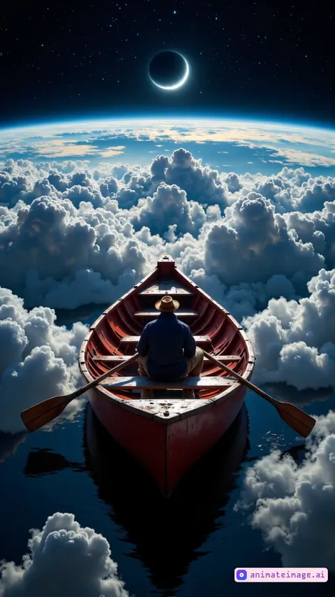 A man in a hat rowing a wooden boat through fluffy white clouds, with Earth and a starry sky visible in the background. The man rows steadily, creating gentle ripples in the clouds, while the boat glides smoothly through the celestial scene. The animation captures the serene motion of rowing, with subtle cloud movement and a twinkling starry backdrop.