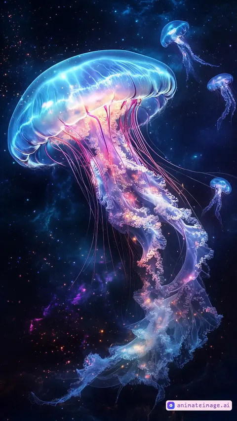 Glowing jellyfish float in space