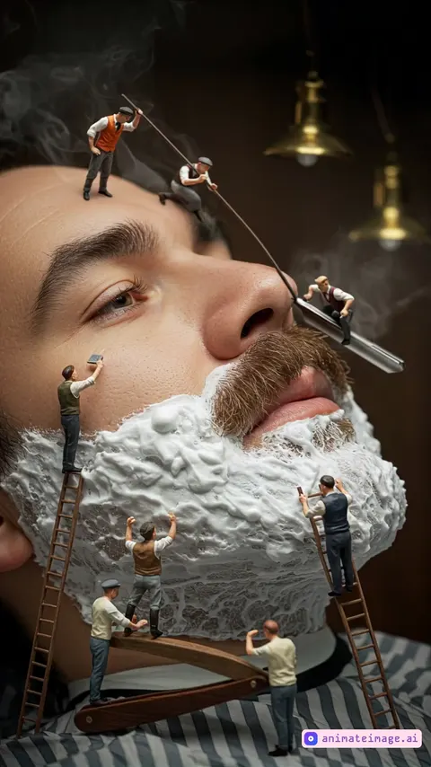 the camera follows the subject moving,Tiny Men Shaving a Giant Beard with a Straight Razor