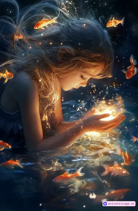 girl holds light in her hands as she sits in the water, then releases the light into the water. Her hair flies in the wind, glowing fish swims in the air, and the reflection of the water shimmer,the camera is stationary