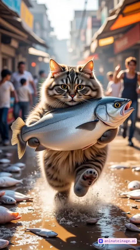 Một con mèo mướp xám lông xù chạy trên hai chân về phía người xem, ôm chặt một con cá khổng lồ bằng cả hai chân trước. Con cá có kích thước hài hước một cách quá mức, với những chiếc vảy sáng bóng phản chiếu ánh mặt trời, và chiếc đuôi quẫy mạnh khi con mèo lao về phía trước với một nụ cười tinh nghịch. Biểu cảm của con mèo vừa quyết tâm vừa tinh quái, với đôi tai vểnh lên và chiếc đuôi bay phấp phới phía sau.