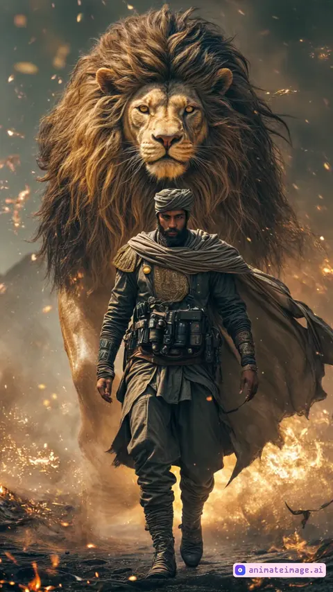 A formidable warrior, draped in flowing desert robes and adorned with golden armor, strides forward with fierce determination. His scarf billows in the wind as embers swirl around him. Behind him, a massive lion with a golden mane walks in perfect sync, its glowing eyes radiating primal power. The battlefield is covered in dust and flickering flames, the air thick with heat and tension. As the warrior moves, his presence is unshakable, and the lion’s heavy steps echo like a force of nature, a symbol of strength and destiny.
