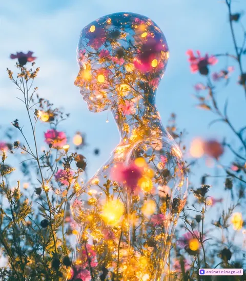  불꽃놀이 처럼 이곳저곳 몸 안쪽에서 불꽃이 크게터집니다.  뼈대가 환하게 밝아집니다. 이곳저곳 크게터집니다.머리, 어깨, 가슴중앙이   반짝이면서  계속  불꽃이 계속 연쇄적으로 터집니다 .주변에 많은 투명 백색꽃과 .물방울이 생성이 됩니다. 빛나는 눈꽃이, 일렁입니다.눈을 감은 명상자세는 유지 합니다. 