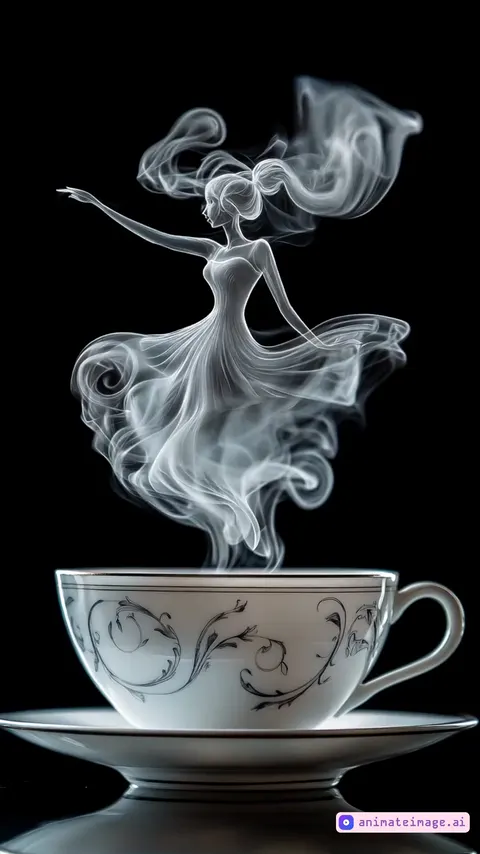 dancing figure of a woman formed by wisps of smoke, a woman hovers and dances over a cup of tea