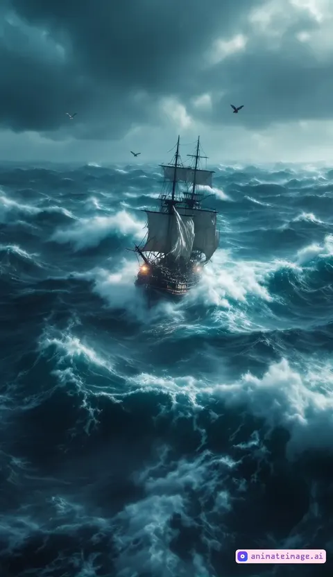 Generate a cinematic aerial shot of a vast, stormy ocean with massive, turbulent waves crashing below. The scene is set in heavy rainfall, with dark, swirling clouds adding to the intense atmosphere. In the middle of the ocean, a large pirate ship battles the rough seas, its sails tattered and swaying violently with the wind. The ship appears small yet resilient against the mighty ocean, emphasizing the scale of nature’s power. The camera smoothly glides above, capturing the ship’s struggle from a high, dramatic perspective, showcasing the relentless storm and the endless horizon. eagles are flying around.