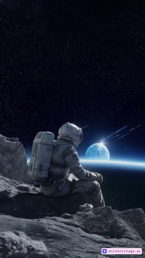 An astronaut sits alone on a jagged rock, gazing at Earth glowing in the distant cosmos. His visor reflects the blue planet, a longing sigh escaping as stars twinkle in the vast emptiness around him. Spaceships are flying away on the background.