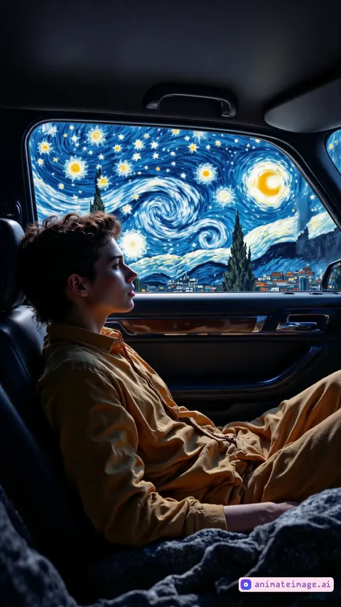 Animation Prompt for Kling AI:Animate a surreal scene inside a car at night. A young man in a mustard-yellow outfit tries to sleep in the backseat, leaning against the window. Outside, Van Gogh's 'The Starry Night' painting moves vividly—swirling skies, twinkling stars, a glowing moon, and a swaying cypress tree. The man struggles to rest as the dynamic painting keeps him awake, his eyes fluttering open in frustration. The car interior stays dimly lit, contrasting the glowing artwork.