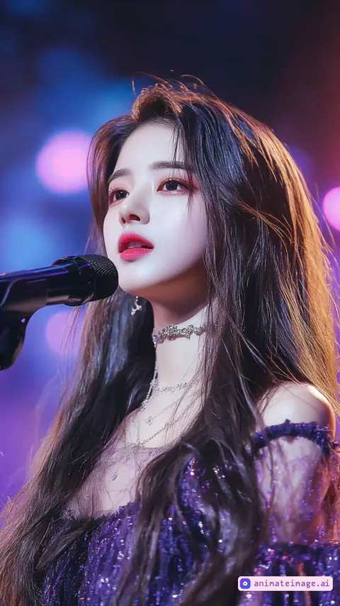 A beautiful female idol singer performing on stage, standing in front of a professional microphone. She wears an elegant, stylish stage outfit with soft lighting enhancing her expressive face as she sings passionately. Her long, wavy hair moves slightly as she sways to the music. The background features a dreamy concert atmosphere with subtle stage lights, a slightly blurred audience, and a bokeh effect adding warmth. The camera captures her from a mid-range angle, smoothly tracking her movements. The scene feels emotional and cinematic, emphasizing her powerful voice and stage presence. Ultra-realistic, high detail, soft depth of field, slow-motion option for dramatic effect, realistic lip-syncing with natural expressions.