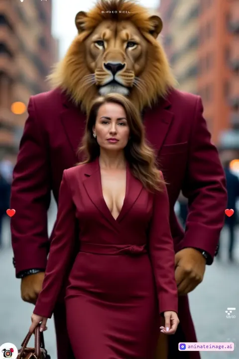 Woman and lion walking forward together
