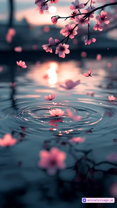 A tranquil lake at sunset, enveloped in soft golden twilight, creating a warm and dreamy atmosphere. Cherry blossom petals gently fall onto the calm water, forming delicate ripples. The overhanging cherry blossom branches shed petals that float in the air, shimmering like a dreamlike scene. Emphasize a romantic and emotional mood with warm pink and orange hues reflecting on the water’s surface. Incorporate a bokeh effect to enhance the ethereal ambiance, with finely detailed ripples adding texture and depth to the serene composition