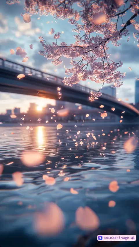 Cherry blossoms drift onto a river at sunset