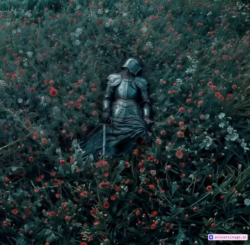 "A dark fantasy scene of a fallen knight lying in an overgrown field of twisted, eerie flowers and whispering grass. The knight's full suit of weathered, battle-worn armor glistens dimly under an ominous, clouded sky. The wind howls softly, but the grass moves unnaturally, as if alive—tendrils of blackened vines slowly creeping toward the knight's lifeless form. Strange, bioluminescent flowers pulsate with an eerie glow, casting ghostly blue and red hues across the landscape. In the distance, shadowy figures loom at the edges of the field, watching in silence. A heavy sense of mystery and sorrow fills the air, as if the land itself mourns or awaits something sinister
