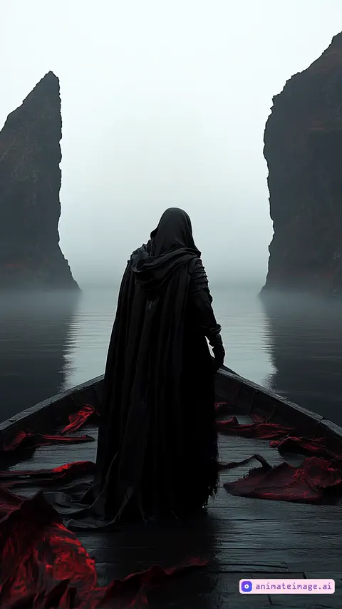 The boat moves forward very slowly across the calm water, creating gentle ripples that spread outward in a natural flow. The cloaked figure remains still, their imposing silhouette standing against the misty backdrop. The long cape subtly shifts with the motion of the boat and the faint breeze, its folds rising slightly before settling back down fluidly. Thin wisps of fog drift across the water’s surface, gliding around the boat in an organic, ethereal movement. The surrounding landscape, dark and imposing, gradually becomes clearer as the boat slowly approaches. Every detail of the motion is smooth and realistic, enhancing the mystical and silent atmosphere of the scene.  
