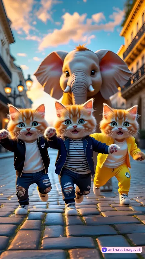 A group of three adorable, fluffy orange kittens, with soft, well-groomed fur, dance in perfect harmony on a lively cobblestone street in the heart of a modern city. Their bright eyes radiate energy, their whiskers twitch with excitement, and their wide, radiant smiles make them irresistibly charming. Their fur glows beautifully under the golden hues of the sunset, creating a dreamy and inviting atmosphere. Each kitten is dressed in a stylish and unique outfit that showcases their personalities: one wears a chic black blazer with ripped jeans for a smart, casual look; another wears a dark blue sweater with a striped shirt for a smart, casual look; and the last one wears a neon hoodie with sweatpants, giving them a playful and energetic look. Some of them are wearing trendy sunglasses, giving them a stylish and confident appearance. Behind them, a huge, attractive yellow elephant, with wide, expressive eyes, rosy cheeks, and a playful smile, follows their dance moves. Its floppy ears twitch rhythmically, and its torso sways to the beat, adding to the lively atmosphere. The backdrop is a picturesque European cityscape, featuring elegant buildings with elaborate wrought-iron balconies, charming antique street lamps glowing warmly, and a crystal-clear blue sky dotted with wispy clouds. The cobblestone pavement reflects the golden sunset,the camera zooms out, light,