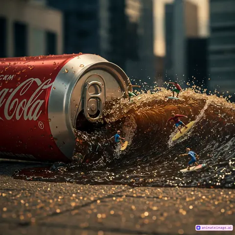 Faça uma lata de coca cola caída no meio fio em uma cidade e no liquido que derramou micros surfistas fazem manobras nas ondas do refrigerante como em um comercial cinematográfico profissional