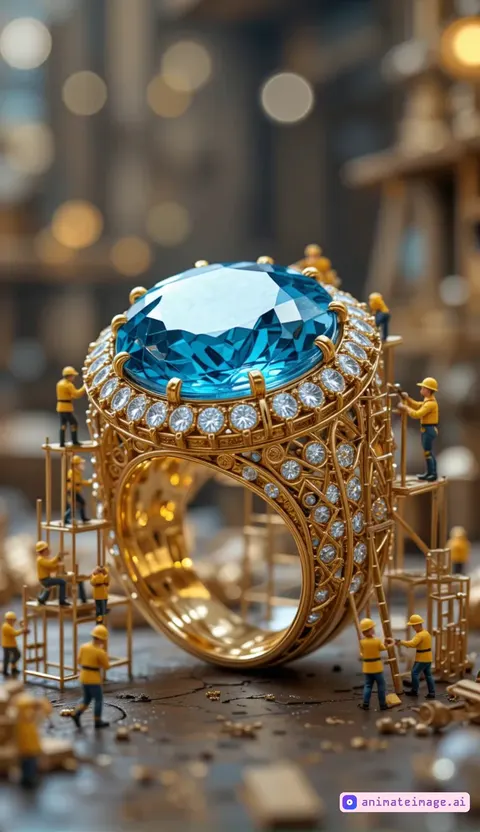Animate a smooth, slow pan from a slightly lower angle, slowly rising to an eye-level view of the massive golden ring as the miniature workers are actively polishing and adjusting the gemstone. Show subtle hand movements from the workers—one buffing the surface with a cloth while another tightens the diamond settings using tools. Include slight shimmering lens flares from the blue gemstone as it catches the light and sparkles. Have the scaffolding gently sway to add a sense of realism, with background lights softly glowing and out of focus. Add natural metallic glints and subtle dust particles floating in the air to make it feel tactile and cinematic