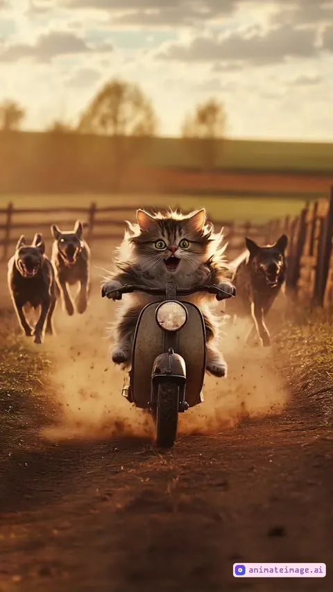 High-Octane Cartoon Chase: A fearless feline, eyes wide with adrenaline, steers a classic motorbike through a gritty, sun-drenched dirt path, its whiskers quivering, mouth agape in a mix of exhilaration and terror. Four formidable canines, teeth bared, hot on the heels of this unlikely rider, their muscular bodies straining against the ground, kicking up billowing clouds of dust. Wooden fences and lush trees flank the rustic trail, bathed in the golden hues of twilight. The vintage motorcycle\\\'s headlight gleams, cutting through the dusk, while the camera angle, low and dynamic, captures the intensity of the pursuit, amplifying the heart-pounding action.