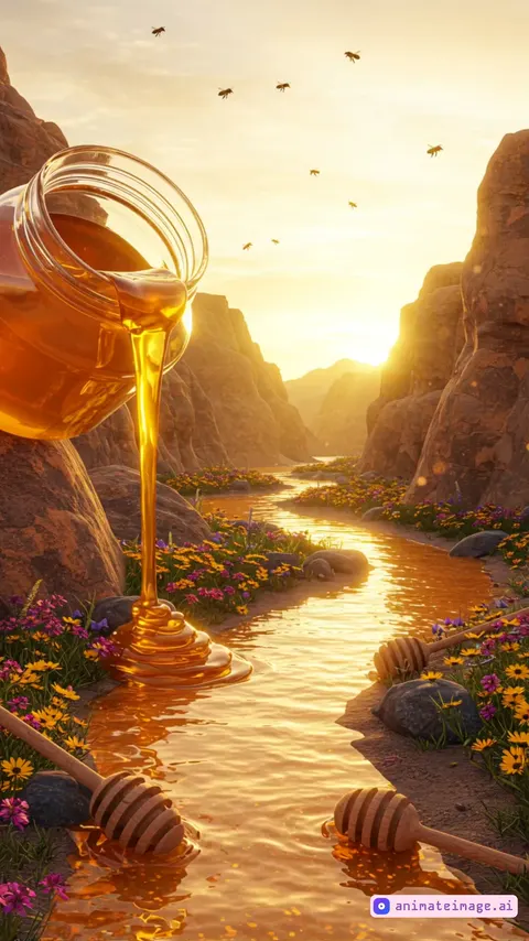 A cinematic 3D animation of a large honey jar lying on the left side of a canyon, pouring glowing golden honey into a river of honey that flows naturally through the valley. Bees fly smoothly and clearly in the warm light. The camera moves slowly and gracefully — side pan, top-down, and orbit around the jar. All objects stay sharp and stable, with no distortion. The lighting is golden and dreamlike.