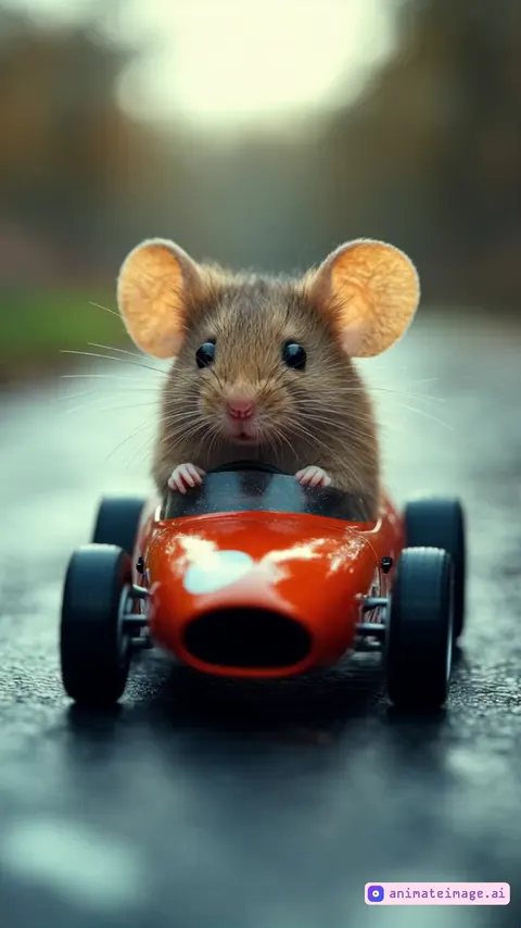 mice in a race track driving mini cars.