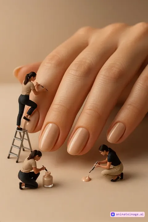 Tiny workers painting giant nails with polish
