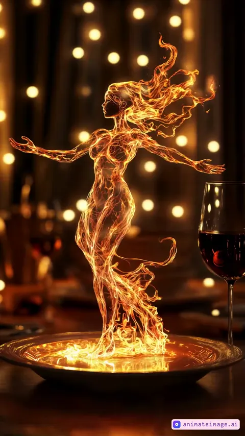 Fast movement. Create an animation where a fiery female figure, sculpted entirely of flames, stands gracefully on a plate in a warm, dimly lit setting, she should dance around fast. The flame should dance and flicker, giving the impression of a lively, ethereal performance. Her hair flows like tendrils of fire, moving gently, while her body flickers and pulses with energy, almost as if alive. The camera should remain still to capture the scene steadily, but the flame movements should be dynamic and organic, with occasional sparks and tendrils of flame reaching outwards. The lighting around should enhance the warm glow, casting subtle reflections on the table.
