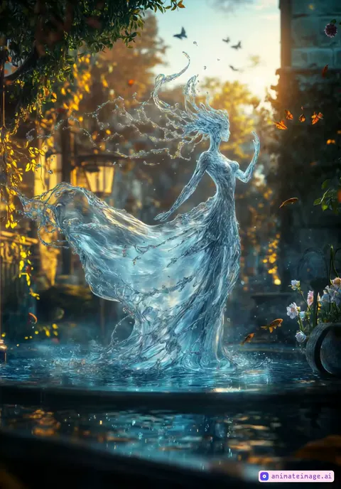 Animate this water character gracefully dancing in a fountain. Focus on flowing, elegant movements that make the water dress sway and ripple as if in a gentle breeze. Include natural flowing effects where the water appears to blend seamlessly with the fountain’s splashes, giving a sense of constant motion. The character’s movements should be fluid and rhythmic, expressing tranquility and harmony with the environment. Use minimal camera movement to enhance the feeling of intimacy and serenity, with gentle pans or zooms to highlight different aspects of the character's elegant dance. Capture the glimmering light reflecting off the water to create a magical and enchanting atmosphere.