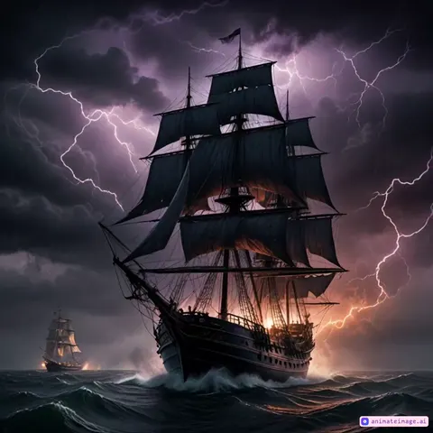 smooth movoment of the ships towards the camera durning the storm and the fight with the enemy ship , lightninig in a storm wind-driven waves gunshots