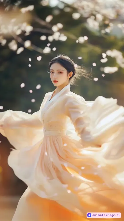 A graceful Korean dancer performs under the golden sunlight, showcasing the elegance of traditional dance with mesmerizing spins and turns. She wears a stunning hanbok, with flowing sleeves and skirts that create soft, wave-like movements as she twirls beautifully. Cherry blossom petals drift gently in the background, adding a serene and poetic atmosphere. The camera smoothly follows her fluid motions, capturing the delicate rhythm of her dance and the intricate details of her hanbok. Warm, gentle lighting enhances the scene's elegance, highlighting the timeless beauty of Korean tradition and artistry