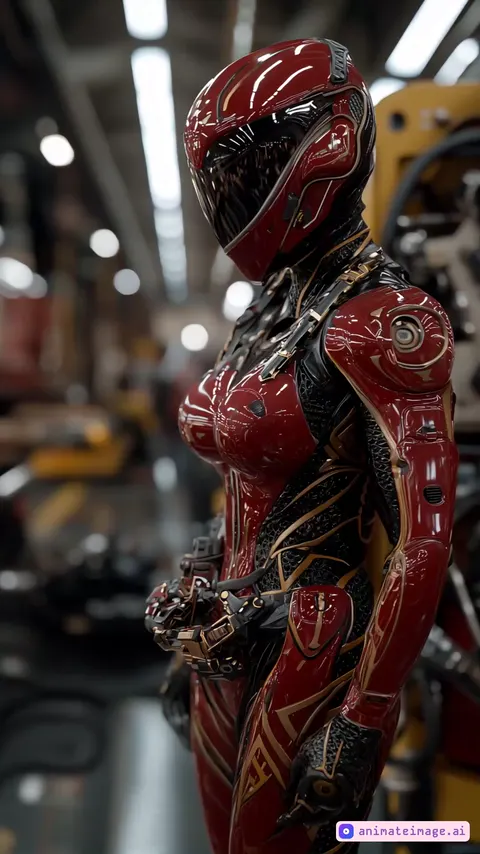 [Perfect Dynamic Cinematic IMAX Live-High-Action Scene] A sleek confident female cyborg walks through a futuristic workshop, her reflective red and black armor with gold accents gleaming under bright, diffused lighting [Emotion] Confidence & Precision - her stride exudes purpose, w/ subtle adjustments in her mechanical joints creating faint, fluid movements. The gold detailing on her suit catches the light elegantly. Background machinery moves w/ activity [True-to-life Speed] Quick super-fast-walking [Style] Ultra-high definition, vibrant and crystal-clear visuals. Cinematic masterpiece with impeccable detail in every frame. Perfectly smooth motion, flowing with seamless transitions. Rich and vivid colors, beautifully balanced for an immersive experience. Flawless lighting that enhances every texture and surface. Bright and sharp visuals, maintaining perfect focus throughout. Elegant camera movements, smooth and stable tracking shots. Ultra-realistic depth of field with stunning background separation. High-quality, natural skin tones, radiant and well-balanced. Cinematic slow motion with perfect fluidity and no jitter. Impeccable exposure with a perfect balance of highlights and shadows. Gorgeous bokeh effect with silky smooth focus transitions. Vibrant color grading that enhances every scene beautifully. IMAX-level clarity, with stunning precision and sharpness. Seamless camera pans and zooms with fluid, precise motion. Perfectly dynamic lighting that accentuates every shot. Rich and detailed textures with sharp, clear definition. High frame rate for buttery-smooth visuals and lifelike motion. Perfectly executed cinematic lighting with deep contrast. Exquisite focus pulls with smooth transitions between subjects. Flawless depth of field, providing perfect clarity in each layer of the frame. Masterful composition, perfectly following the rule of thirds for balance. Perfectly crisp visuals, with zero pixelation even in high-motion sequences. Beautifully lit scenes with a golden hour glow and warmth. Impeccable 8K quality for stunning resolution and clarity. Elegant, stable handheld shots with flawless fluidity. Cinematic wide shots with beautifully sharp edges and vivid colors. Perfect lighting consistency, enhancing realism in every frame. Hyper-realistic lighting and shadows that complement natural textures. Seamless transitions between lighting conditions, always smooth and gradual. Pristine visual fidelity, creating a truly immersive viewing experience.