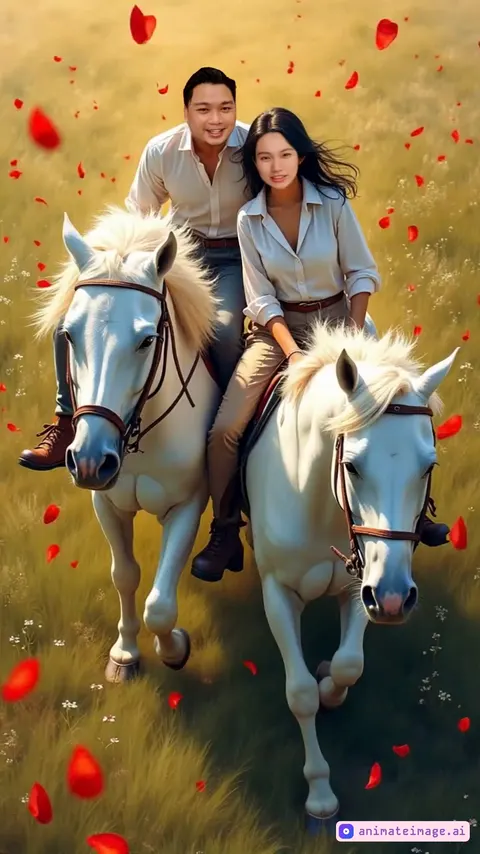 The camera smoothly tracks the  man and woman riding horses running  forward toward the camera, maintaining focus and framing. As the subject approaches, the camera subtly moves backward (dollies out) to keep a consistent distance, creating a dynamic sense of depth and motion while emphasizing the subject’s forward movement. Red petals falling 