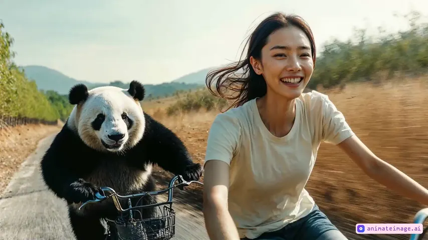 Camera tracking on  a Chinese girl happily riding a bicycle with the wind blowing her hair. A real-life giant panda rides another bicycle alongside the girl, surrounded by sunny fields and countryside. Happy and smily scene.