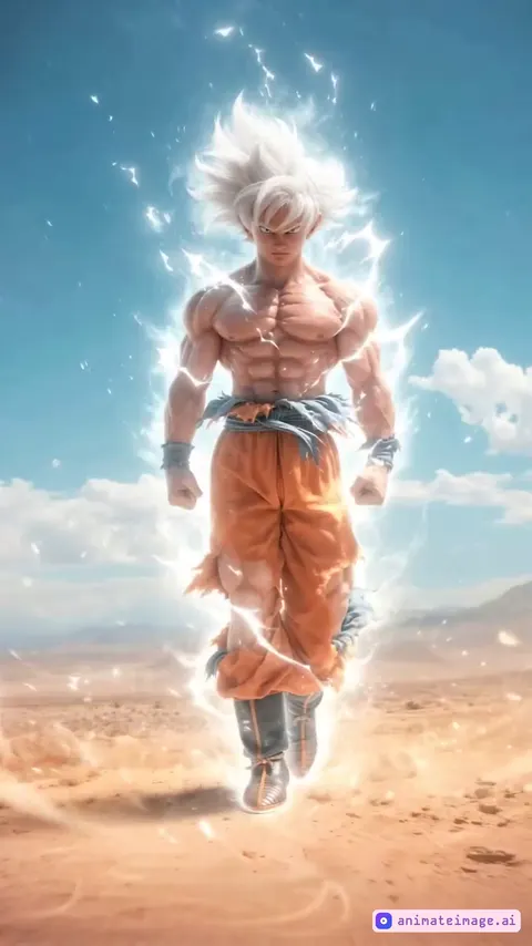 Goku, walking towards the camera, electricity pulating around the body in an electric fashion. The camera backs up and raises uo to keep him in frame. Wind blows